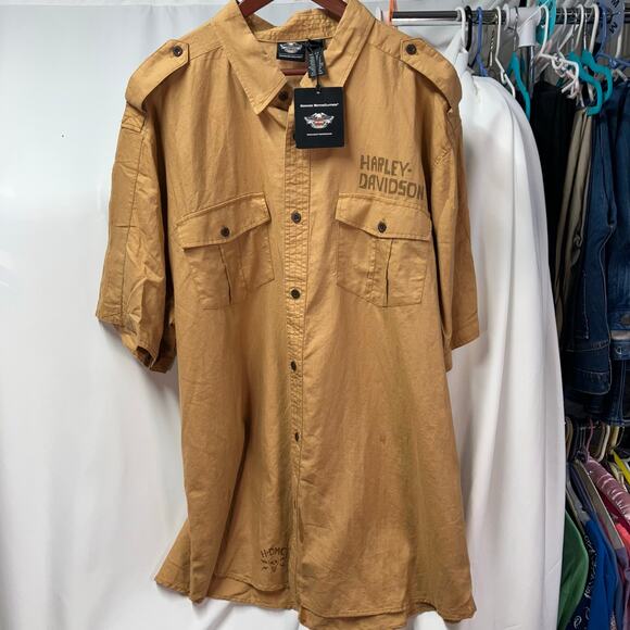 Harley Davidson Mens 3XL Tan Button Up Short Sleeve Skull H-DMC Cotton Linen New - Picture 4 of 15